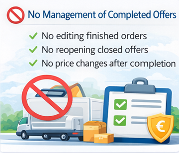 Илустрација која приказује да возачи не могу да мењају или поново отварају завршене транспортне понуде на ExusTrans платформи